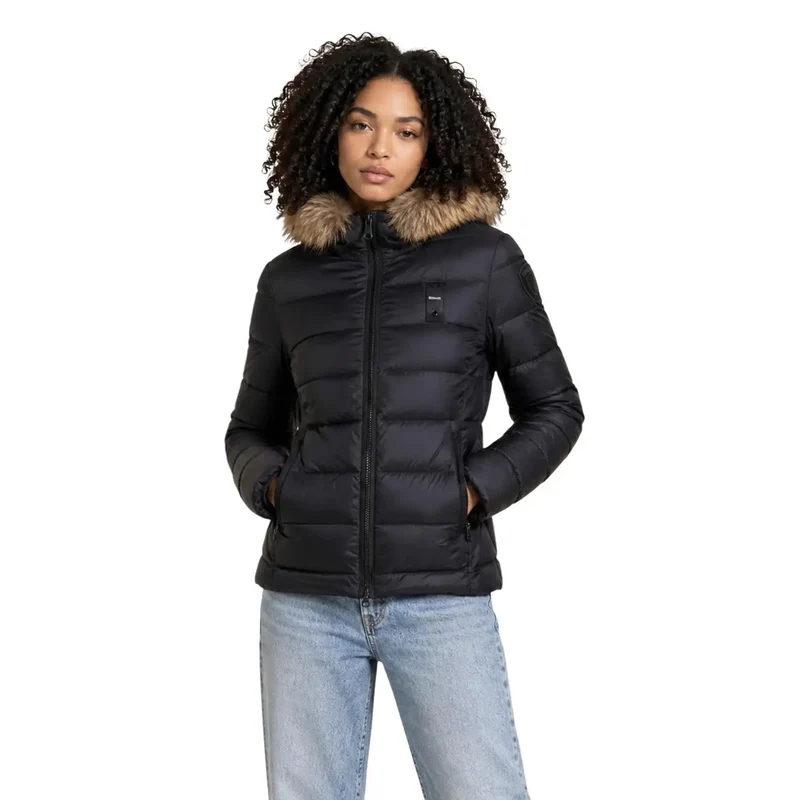 Blauer Damen Nylon-Kapuzenblazer Schwarz