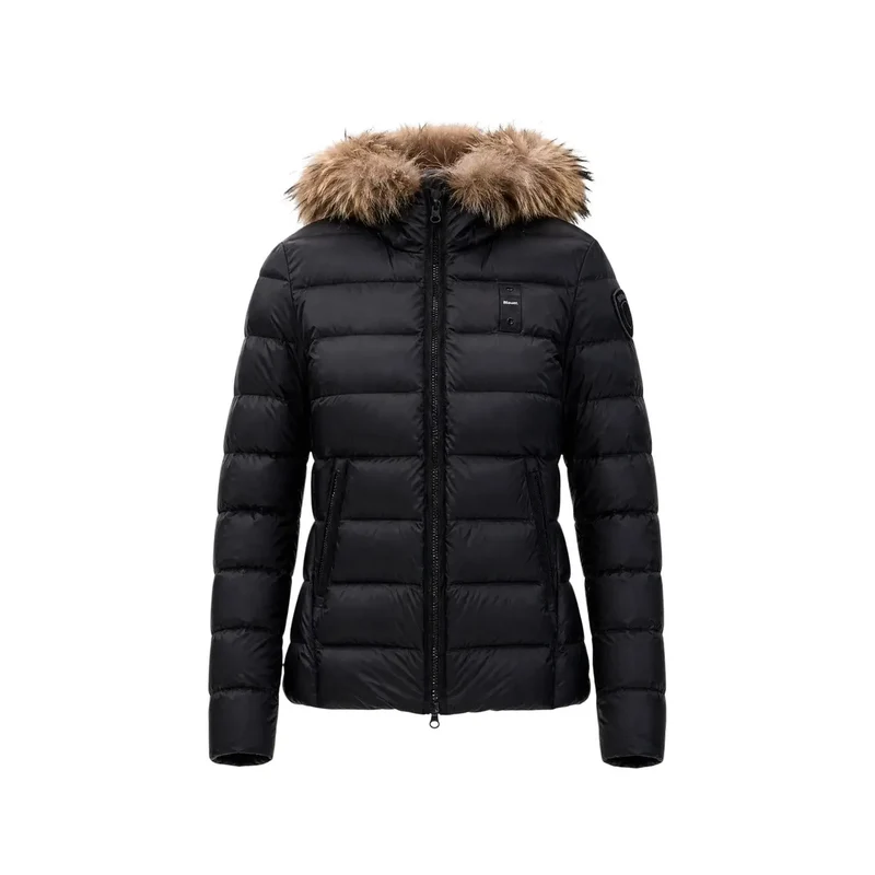 Blauer Damen Nylon-Kapuzenblazer Schwarz
