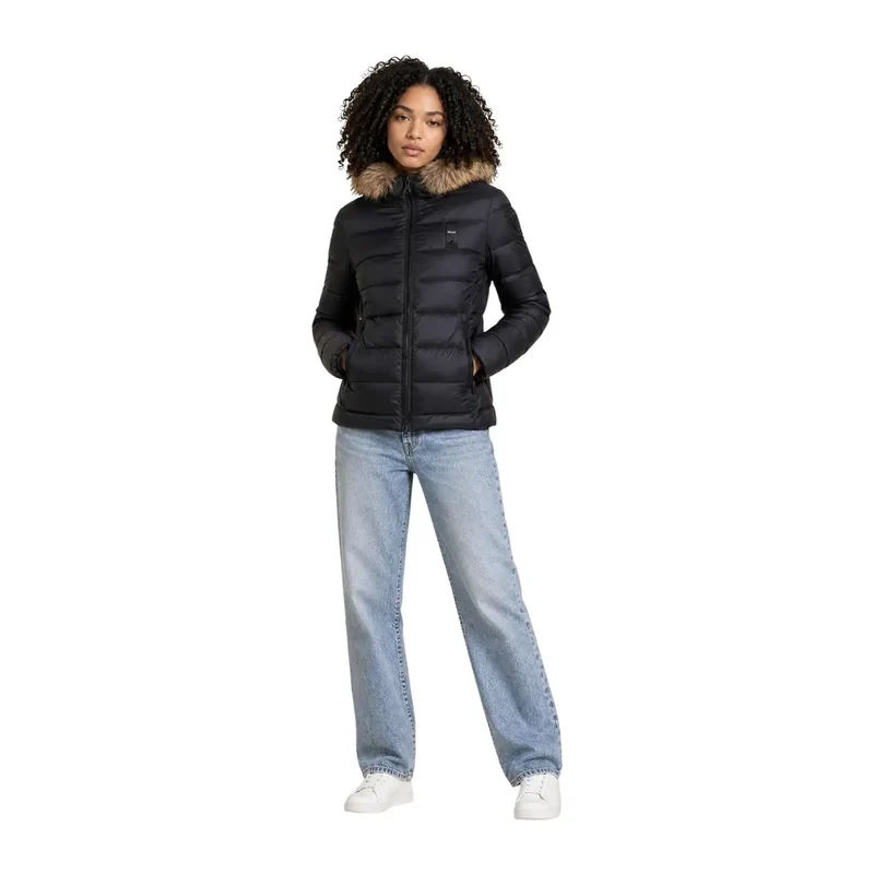 Blauer Damen Nylon-Kapuzenblazer Schwarz