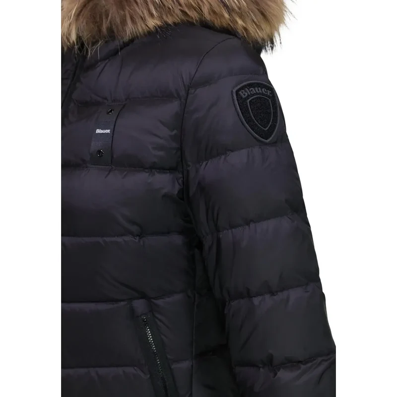 Blauer Damen Nylon-Kapuzenblazer Schwarz