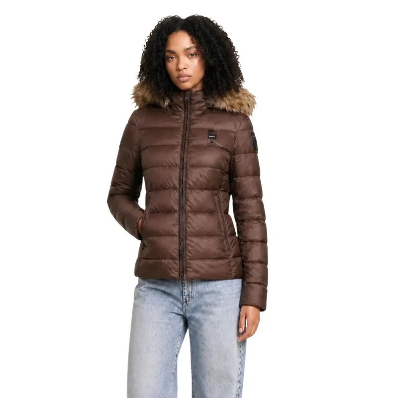 Blauer Damen Nylon-Kapuzenblazer Schwarz