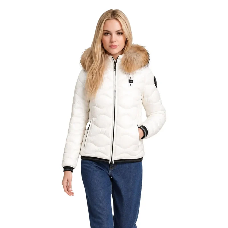 Blauer Damen-Blazerjacke aus weißem Polyester mit Kapuze