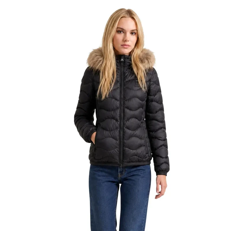 Blauer Damen-Blazerjacke aus weißem Polyester mit Kapuze