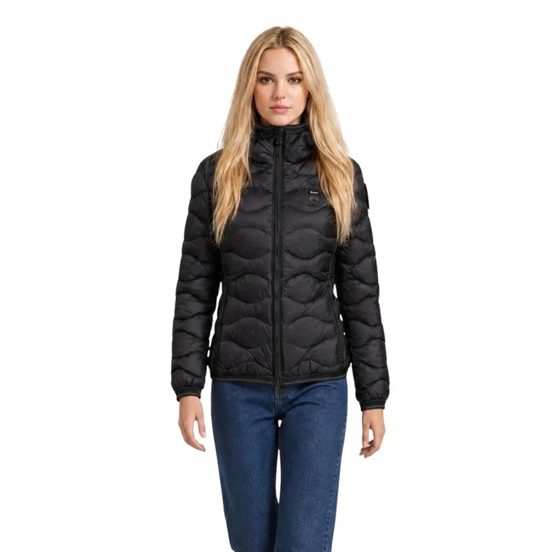 Blauer Damen Nylonblazer mit Kapuze, schwarz, mit Reißverschluss