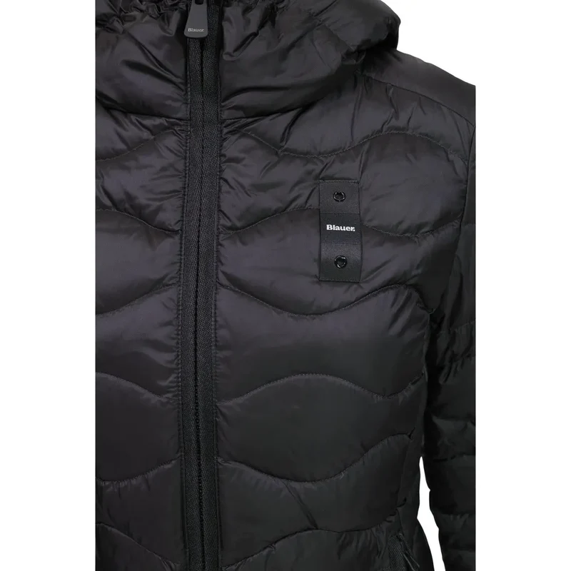 Blauer Damen Nylonblazer mit Kapuze, schwarz, mit Reißverschluss