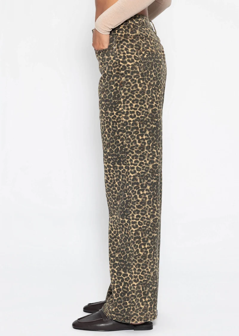 Wide Leg Jeans mit hohem Bund in Leo-Print - braun