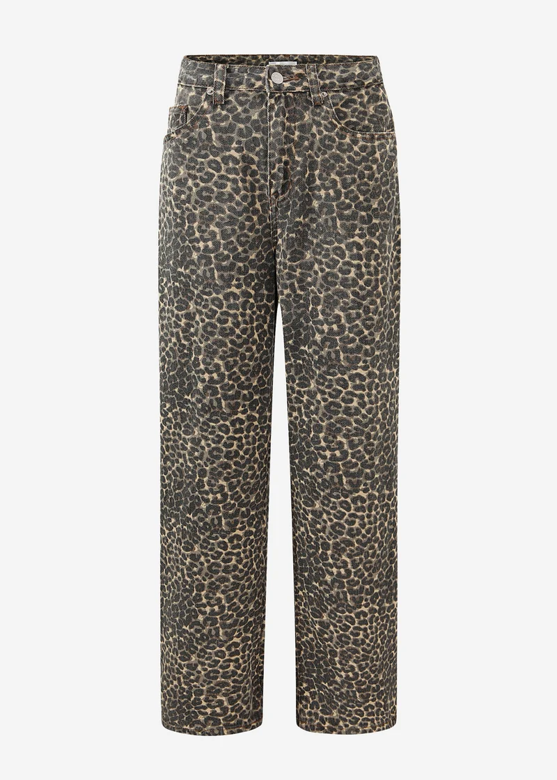 Wide Leg Jeans mit hohem Bund in Leo-Print - braun