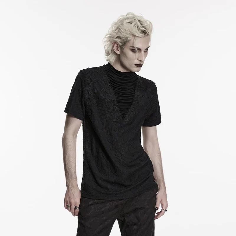 Gothic-Herren-Rollkragenpullover mit Raffungen und kurzen Ärmeln