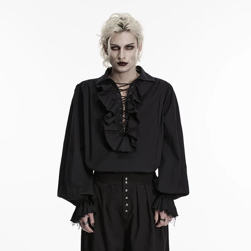 Schwarzes Gothic-Herrenhemd mit Schnürung, Rüschen und Bischofsärmeln