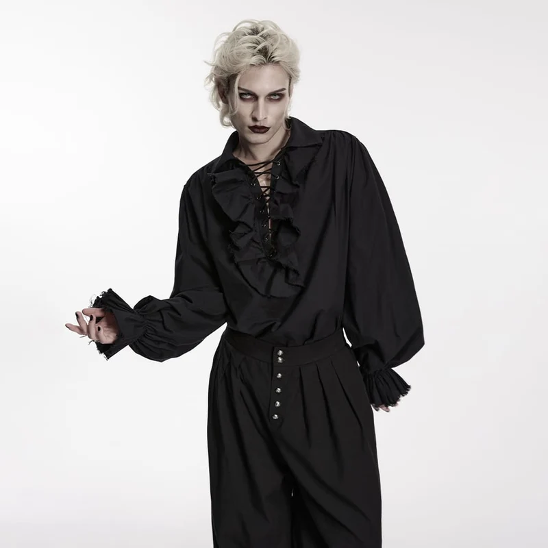 Schwarzes Gothic-Herrenhemd mit Schnürung, Rüschen und Bischofsärmeln