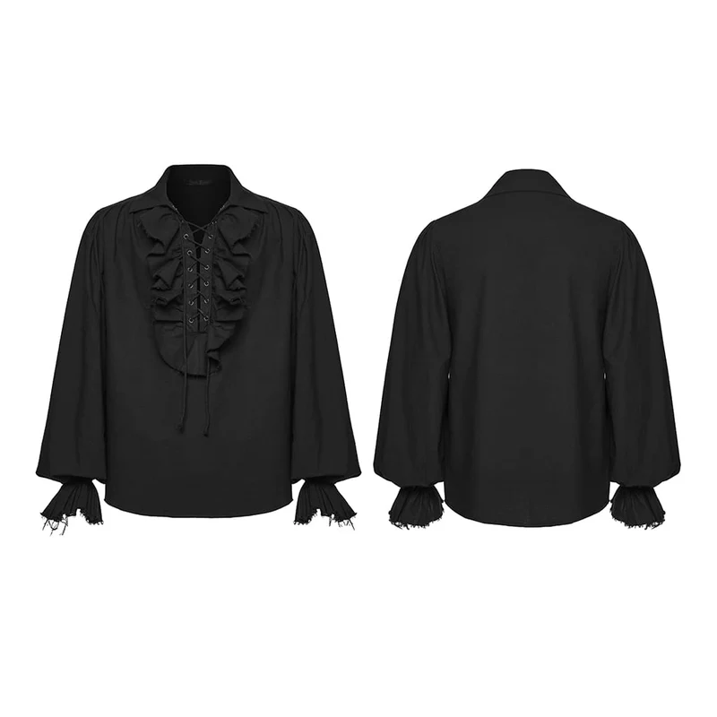 Schwarzes Gothic-Herrenhemd mit Schnürung, Rüschen und Bischofsärmeln
