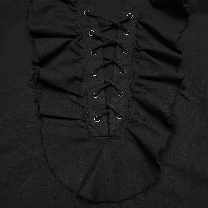 Schwarzes Gothic-Herrenhemd mit Schnürung, Rüschen und Bischofsärmeln
