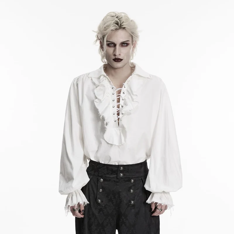 Weißes Herrenhemd im Gothic-Stil mit Schnürung, Rüschen und Bischofsärmeln.