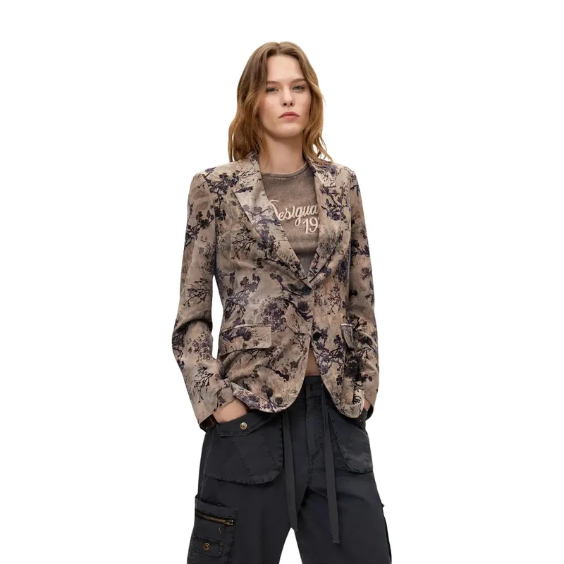 Desigual Damen-Blazer aus Polyester, beige mit Blumenmuster