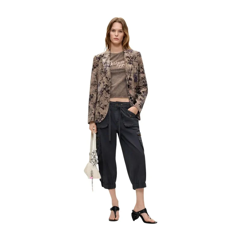 Desigual Damen-Blazer aus Polyester, beige mit Blumenmuster