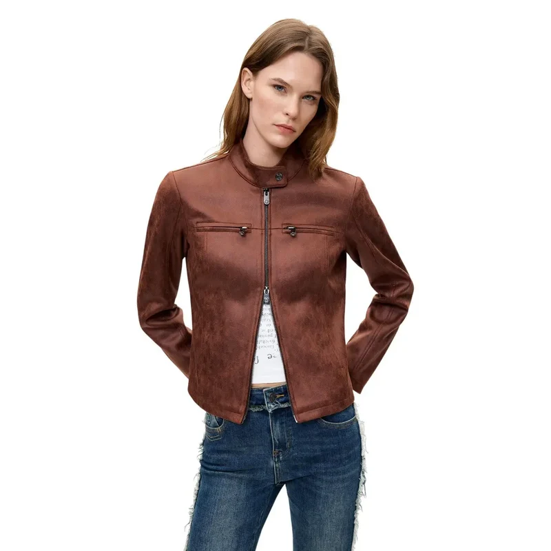 Desigual Damen Blazer Schwarzer Blazer mit Reißverschlusstasche und Mandarin-Tasche aus Polyester