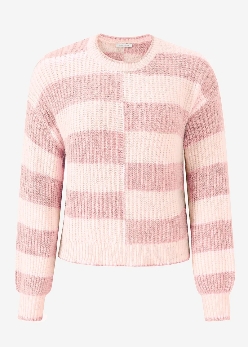 Flauschiger Pullover mit versetzten Blockstreifen - rosa-offwhite