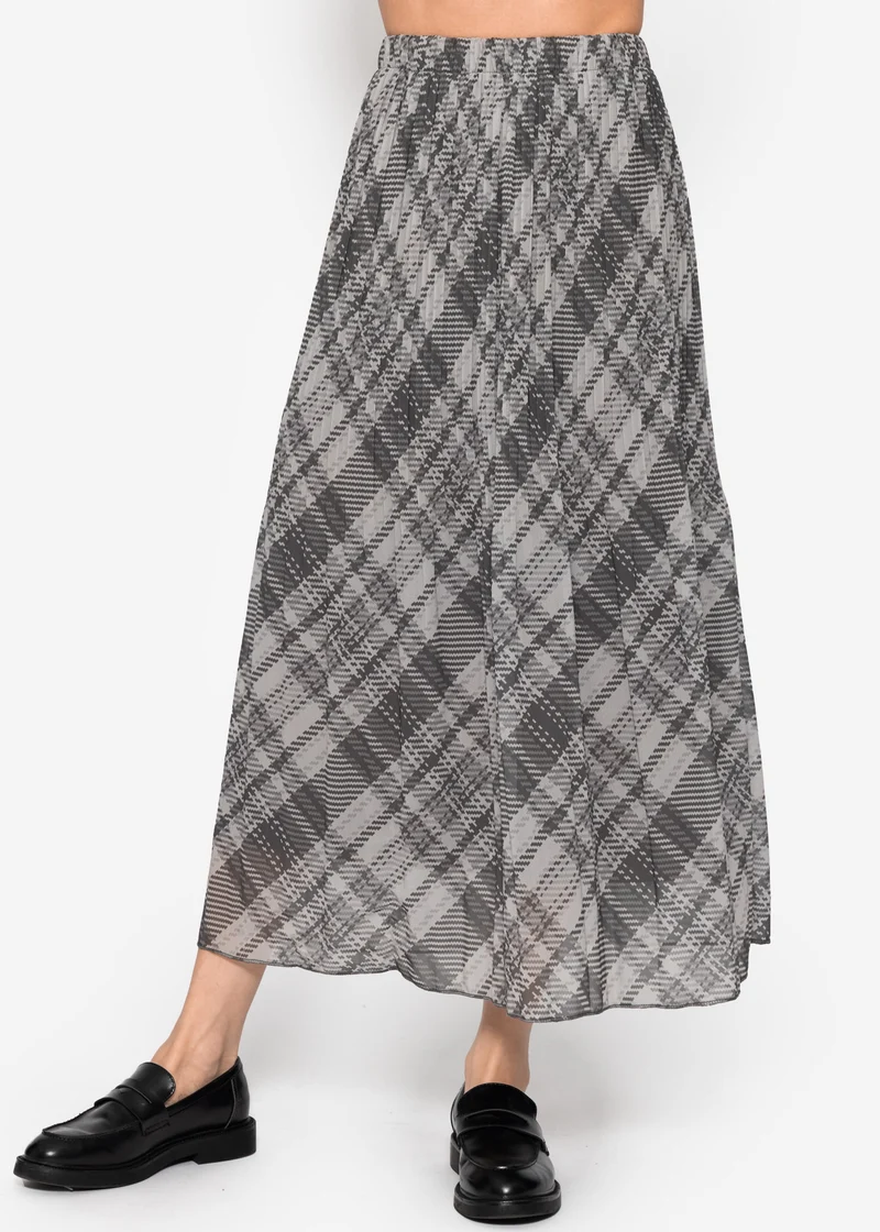 Langer Plissée-Chiffonrock mit Karo-Print - grau