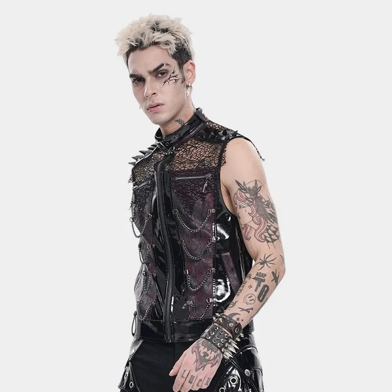 Punk-Weste für Herren mit Nieten, Ketten und Mesh-Patchwork