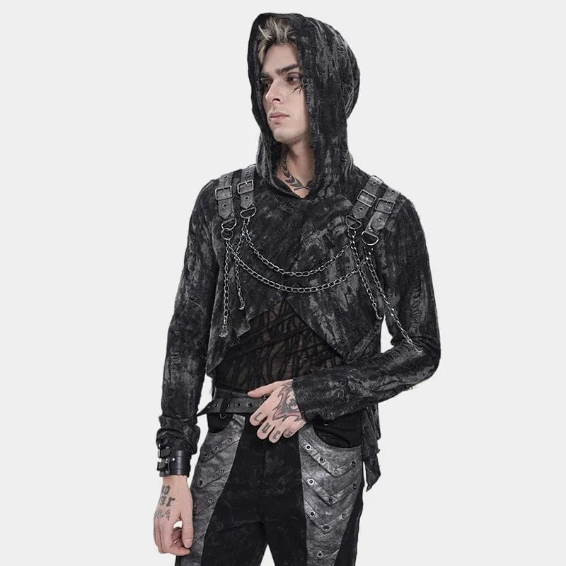 Punk-Hoodie für Herren mit Rissen und Kettenapplikationen