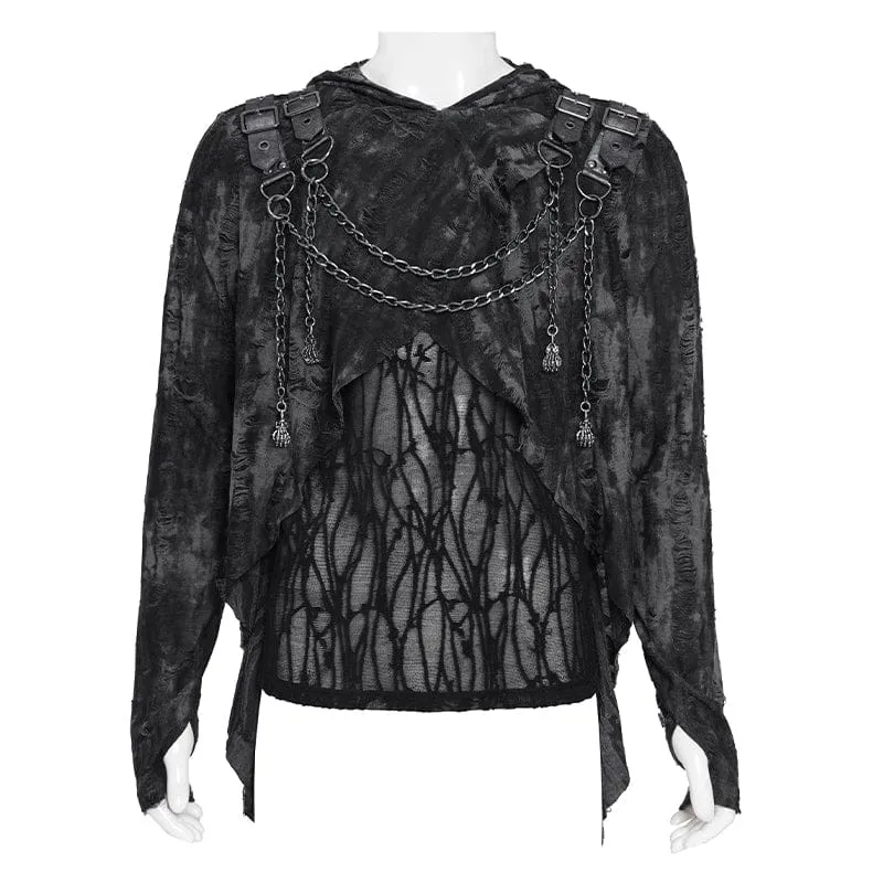 Punk-Hoodie für Herren mit Rissen und Kettenapplikationen