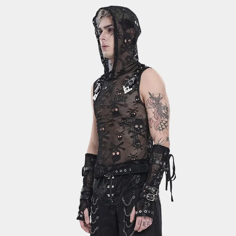 Punk-Tanktop für Herren mit Totenkopf-Kapuze und Mesh-Einsatz