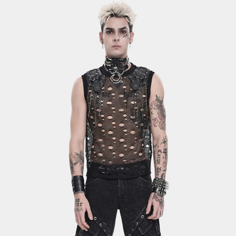 Punk-Tanktop für Herren mit Cut-out-Ketten und Netzstoff