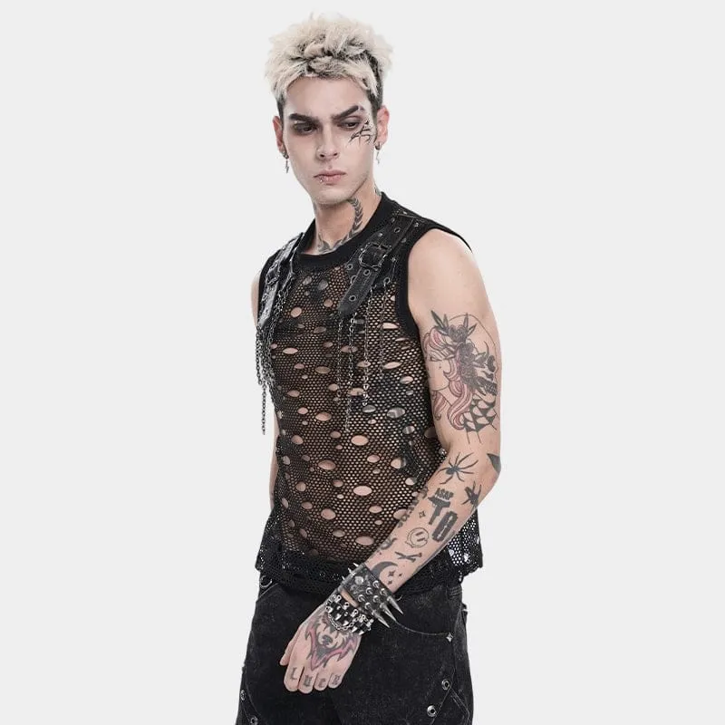 Punk-Tanktop für Herren mit Cut-out-Ketten und Netzstoff