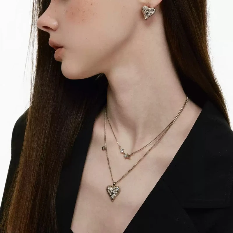 Grunge-Doppellagen-Herzkette für Damen mit Diamanten