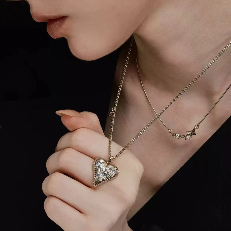 Grunge-Doppellagen-Herzkette für Damen mit Diamanten