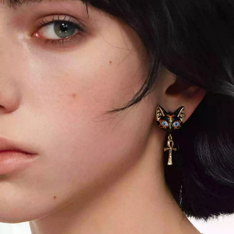 Grunge-Ohrringe mit asymmetrischem Katzenmotiv für Damen