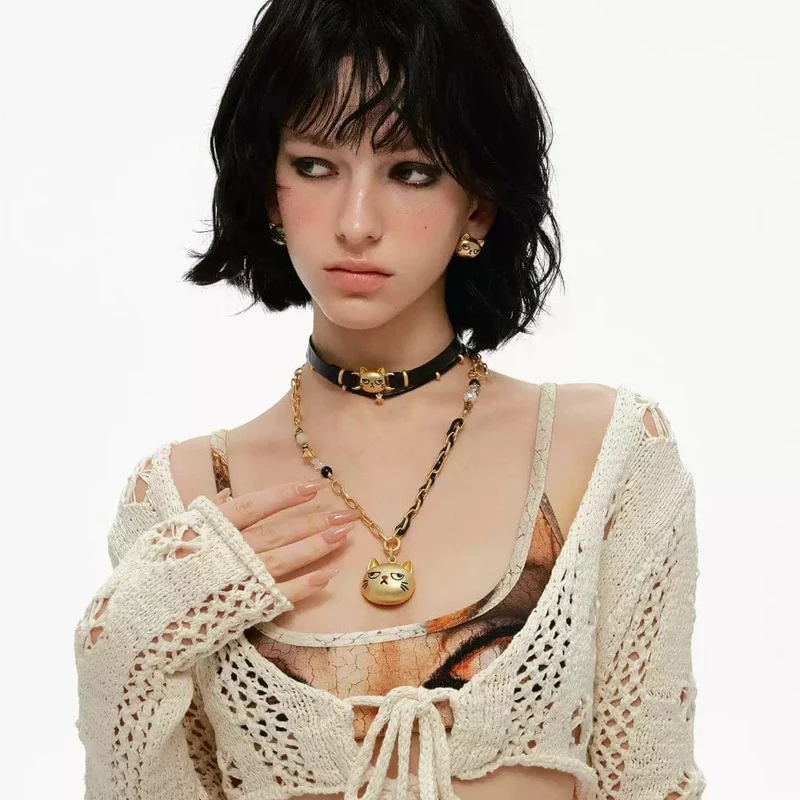 Grunge-Choker für Damen mit unglücklicher Katze, doppellagig