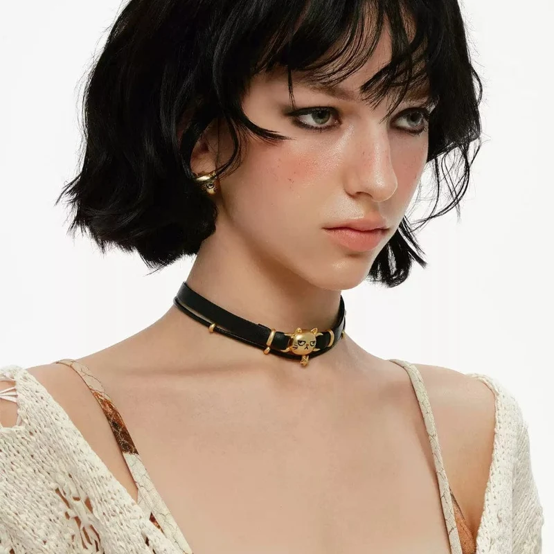 Grunge-Choker für Damen mit unglücklicher Katze, doppellagig