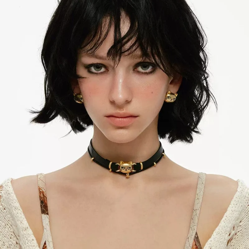 Grunge-Choker für Damen mit unglücklicher Katze, doppellagig