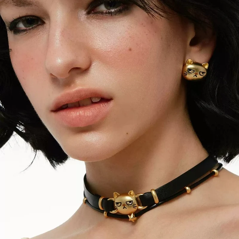 Grunge-Choker für Damen mit unglücklicher Katze, doppellagig