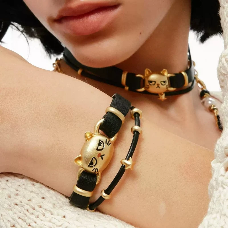Grunge-Armband für Damen mit unglücklicher Katze, zweilagig