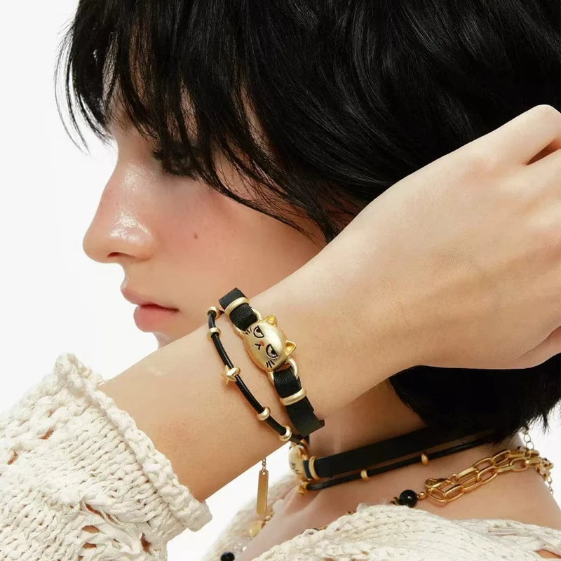 Grunge-Armband für Damen mit unglücklicher Katze, zweilagig