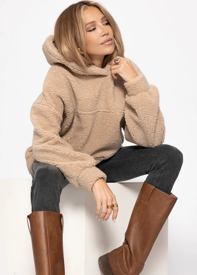 Oversize Teddy Sweatshirt mit Kapuze - beige