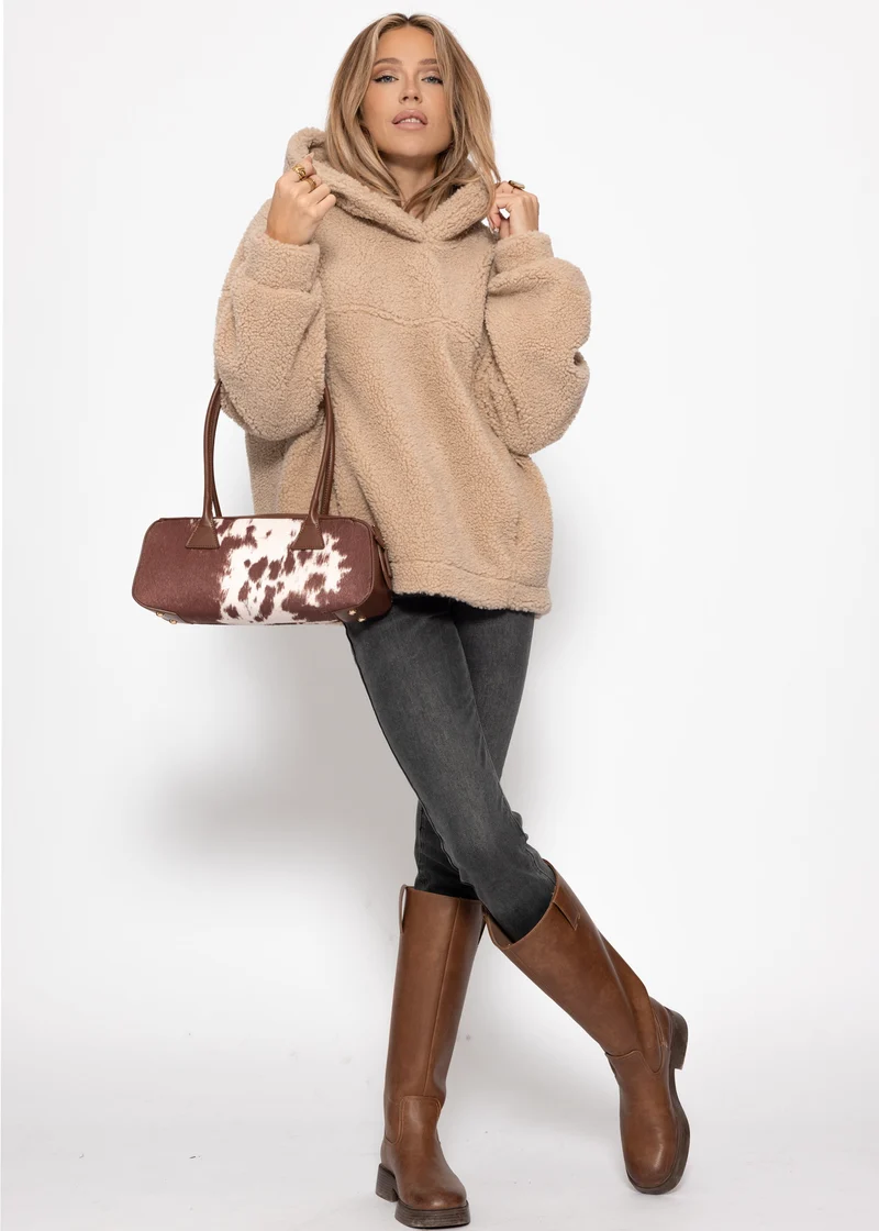 Oversize Teddy Sweatshirt mit Kapuze - beige