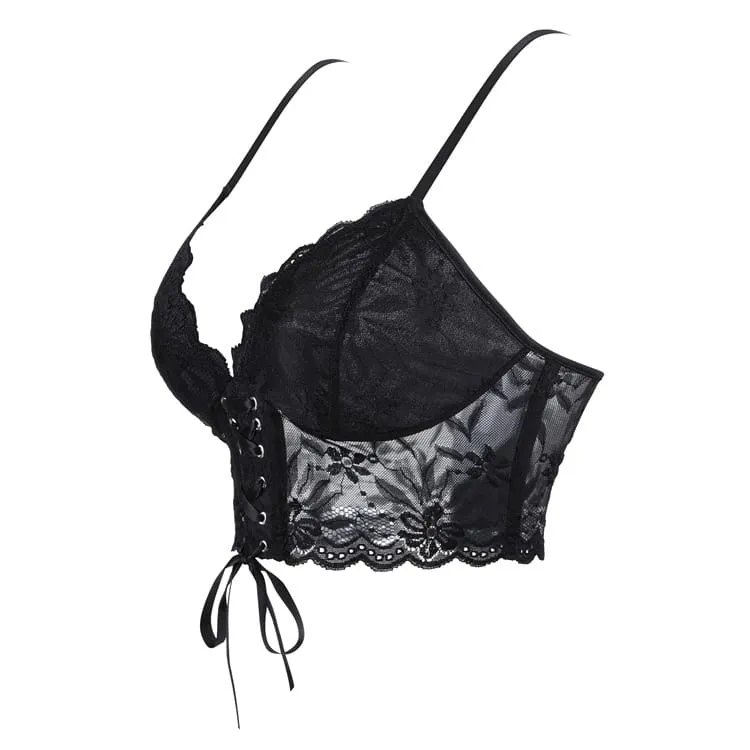 Gothic-Bustier für Damen mit Blumenmuster, Schnürung und Mesh-Einsätzen