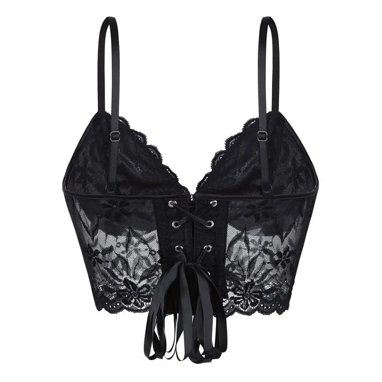 Gothic-Bustier für Damen mit Blumenmuster, Schnürung und Mesh-Einsätzen