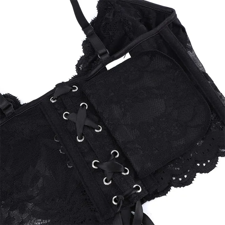 Gothic-Bustier für Damen mit Blumenmuster, Schnürung und Mesh-Einsätzen