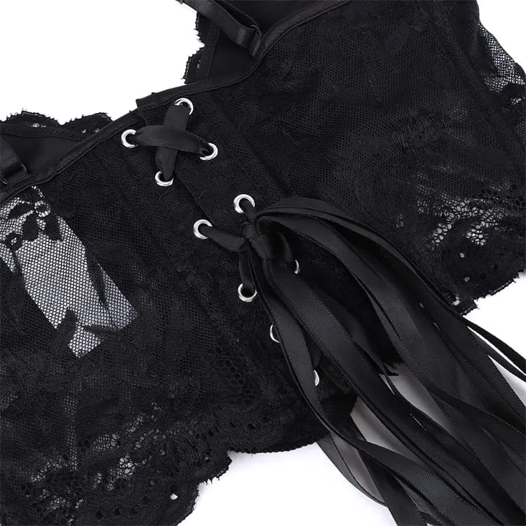 Gothic-Bustier für Damen mit Blumenmuster, Schnürung und Mesh-Einsätzen