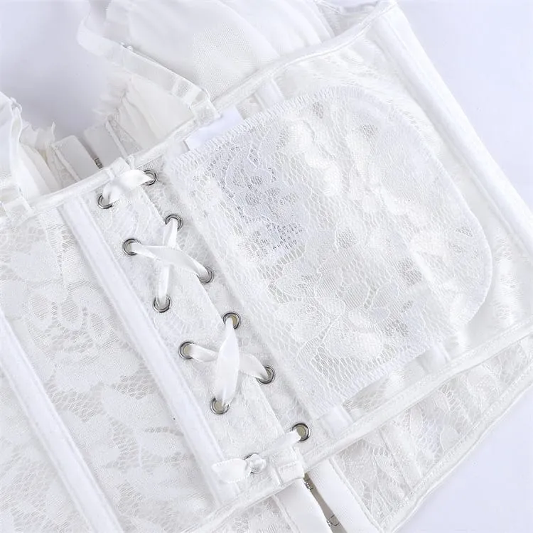Gothic-Korsett für Damen mit Rüschen, Blumenmuster und Netzstoff über der Brust