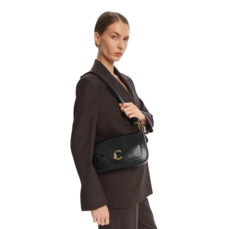 Coccinelle Schwarze Damen-Schultertasche aus Leder, 26 cm