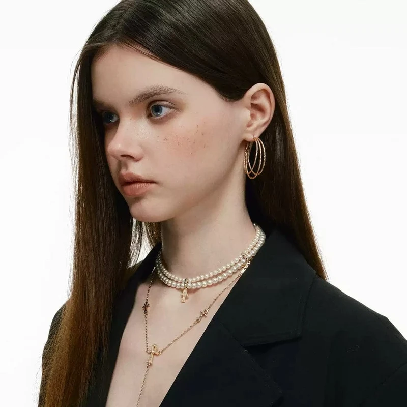 Grunge-Diamant-Kreuz-Perlenkette für Damen