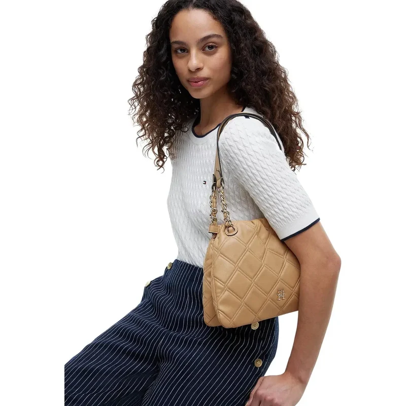 Tommy Hilfiger Braune Mini-Tragetasche für Damen, Polyurethan, 28 cm