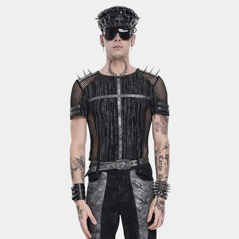 Punk-Herren-Kurzarmshirt mit Nieten und Mesh-Einsätzen