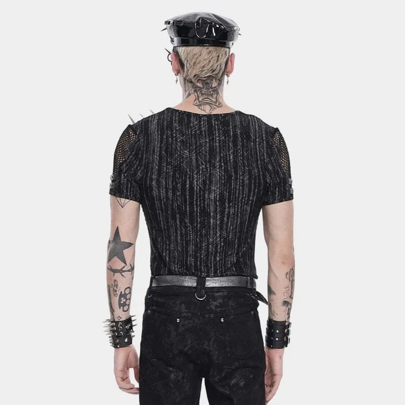 Punk-Herren-Kurzarmshirt mit Nieten und Mesh-Einsätzen