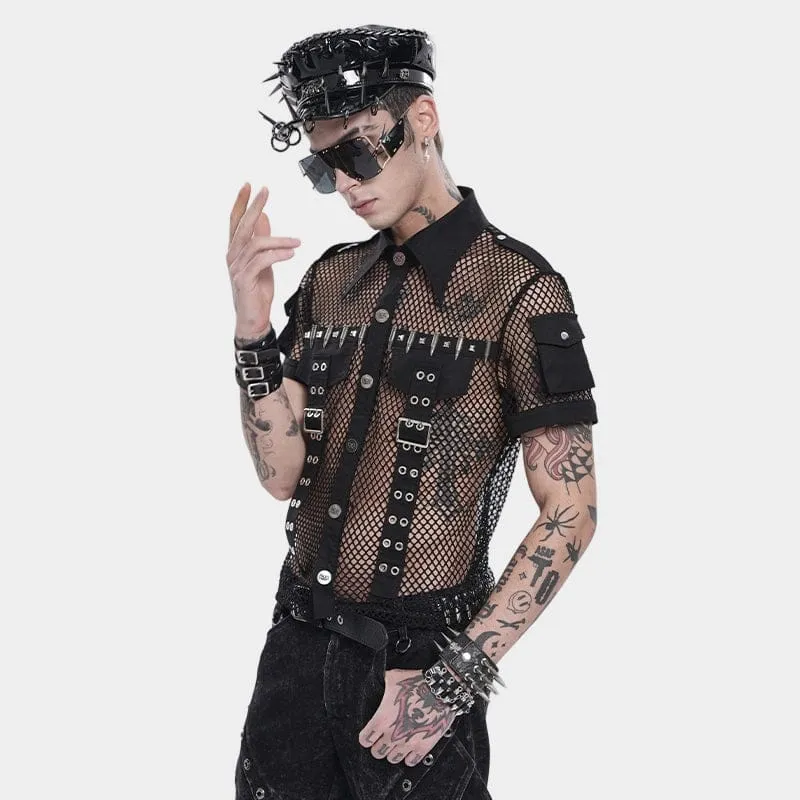 Punk-Meshhemd für Herren mit kleinen Taschen, Bullet & Rivet-Print